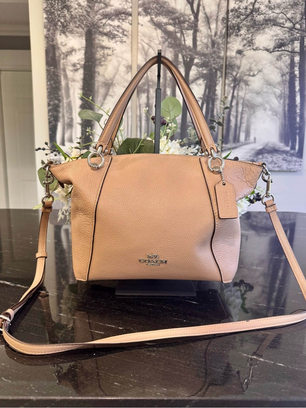 Coach Kacey Satchel Taupe Pebbled Leather Crossbody Bag with Silver Hardware
